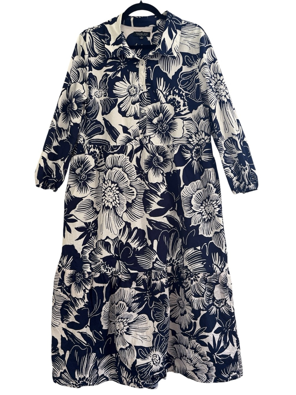 Rachel Zoe Cotton Poplin Navy White Floral 1/2 Button Down Tiered Dress XL Boho